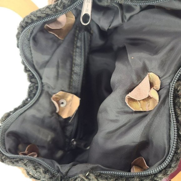 Jute Floral Crochet Handbag Purse Tote Boho Flowers Patchwork Wood Handle Bag - Picture 9 of 14